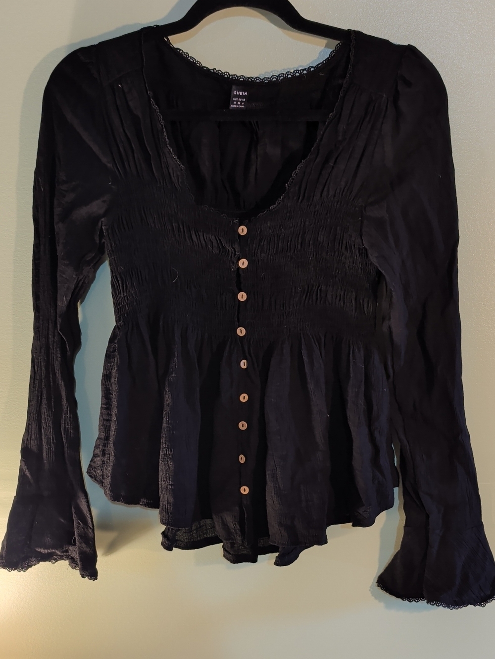 SHEIN Black Lace-Trim Smocked Peplum Button-Front Blouse